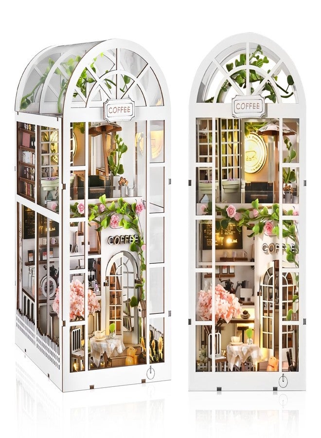 Foyucool DIY Book Nook Kit, Miniature Bookshelf Decor with LED Lights, Laser-Cut Wooden Craft Set for Adults, Creative Gift for Christmas, Birthday, Coffee Garden - Image 1